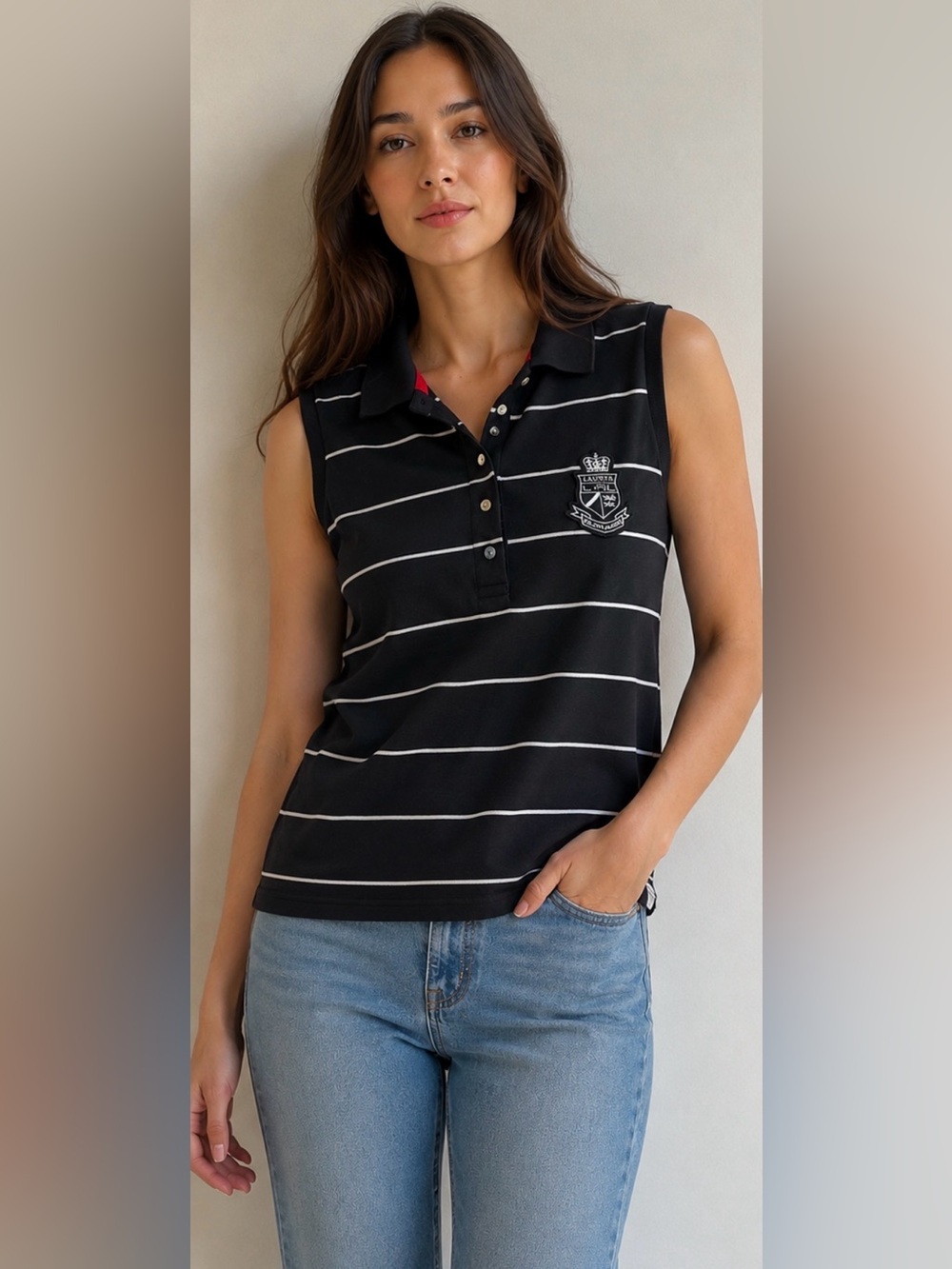 Sleeveless Black Stripe Polo Tank with Crest
